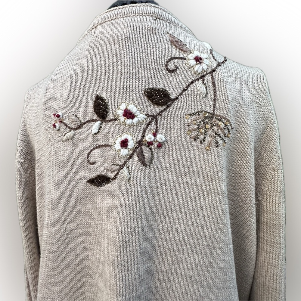 Coldwater Creek Beige Cardigan Floral Embroidery Cottagecore Cabincore. Sz L - Picture 1 of 16